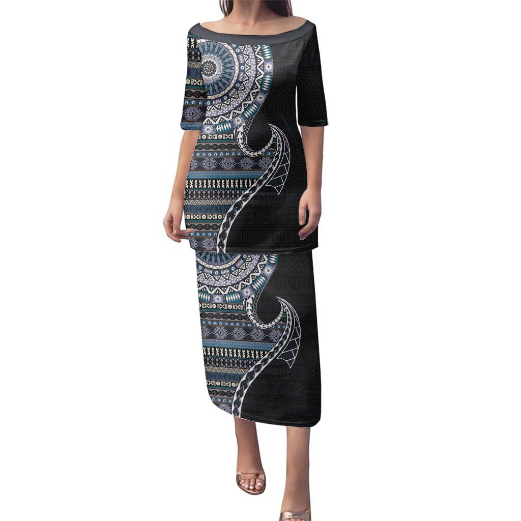 Fijian Masi Tribal Tattoos Art Pattern Family Matching Puletasi and Hawaiian Shirt Navy Color Half Style - Polynesian Pride