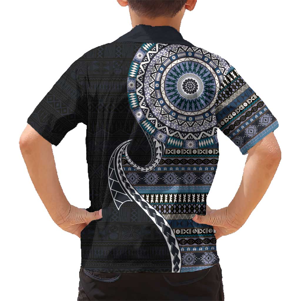 Fijian Masi Tribal Tattoos Art Pattern Family Matching Short Sleeve Bodycon Dress and Hawaiian Shirt Navy Color Half Style - Polynesian Pride