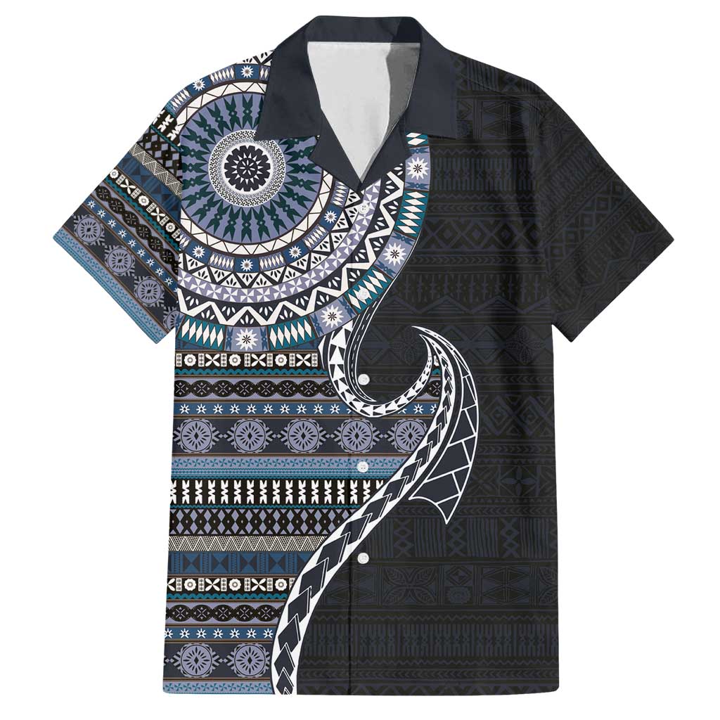 Fijian Masi Tribal Tattoos Art Pattern Family Matching Summer Maxi Dress and Hawaiian Shirt Navy Color Half Style - Polynesian Pride