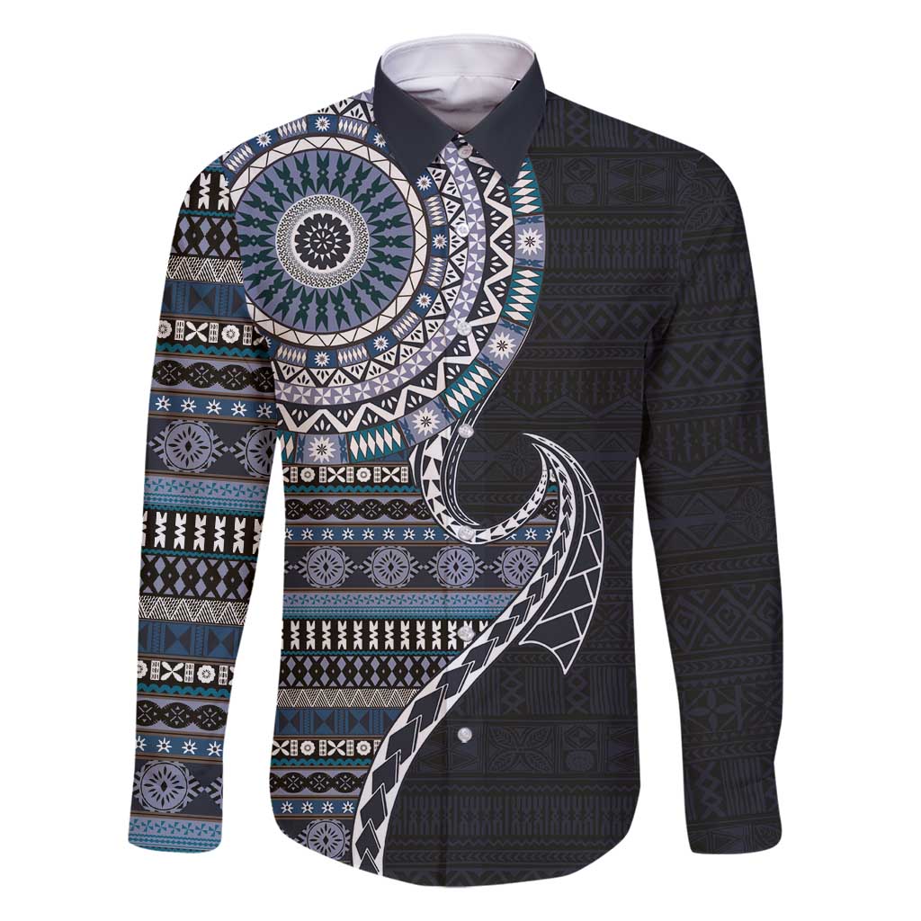 Fijian Masi Tribal Tattoos Art Pattern Family Matching Summer Maxi Dress and Hawaiian Shirt Navy Color Half Style - Polynesian Pride