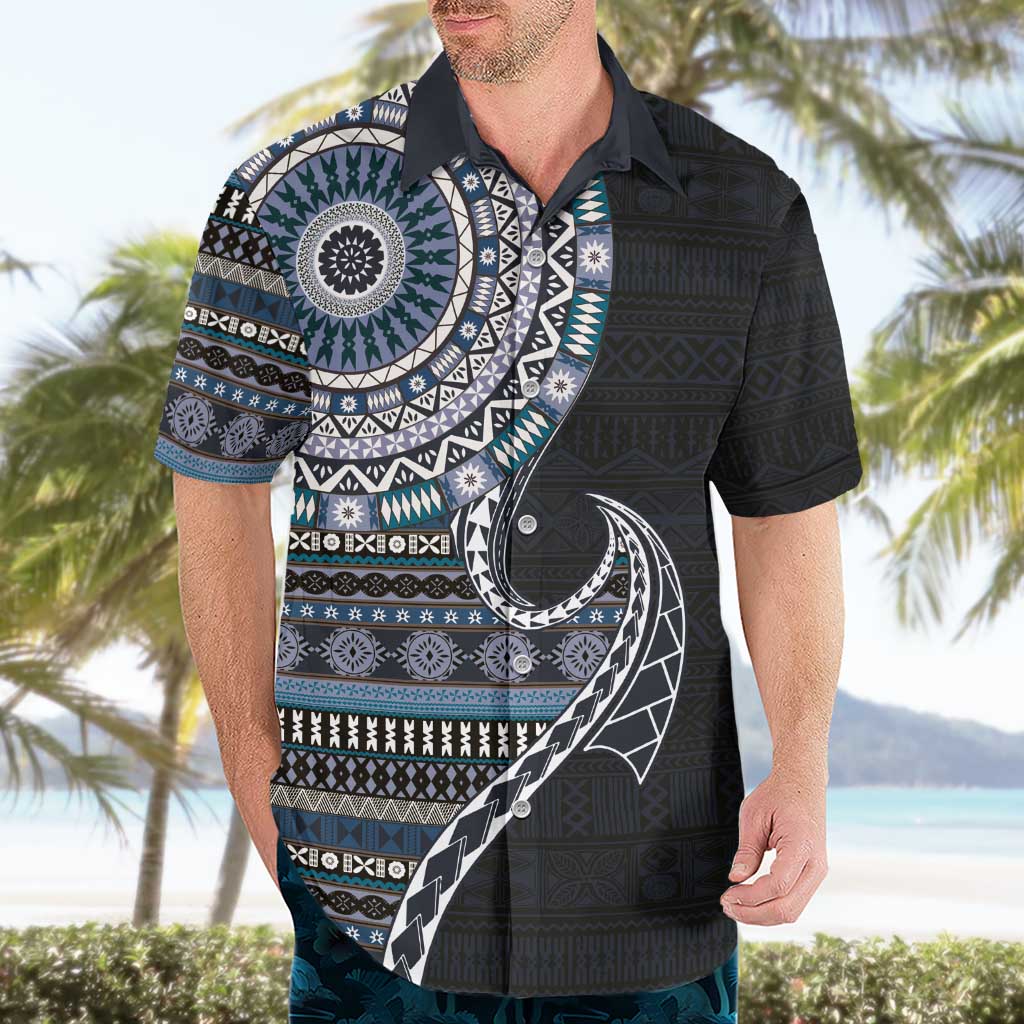 Fijian Masi Tribal Tattoos Art Pattern Hawaiian Shirt Navy Color Half Style - Polynesian Pride