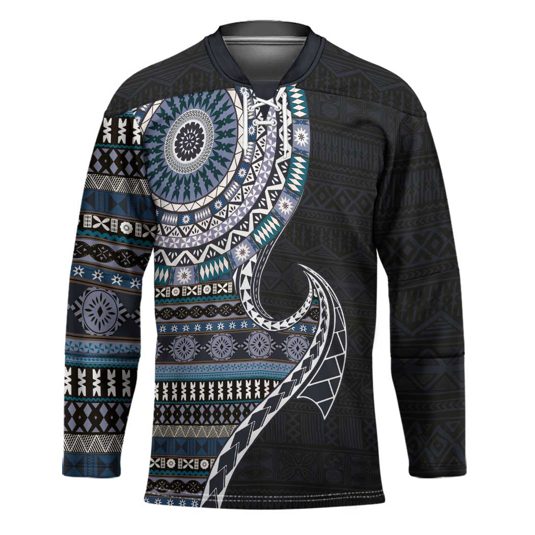 Fijian Masi Tribal Tattoos Art Pattern Hockey Jersey Navy Color Half Style - Polynesian Pride