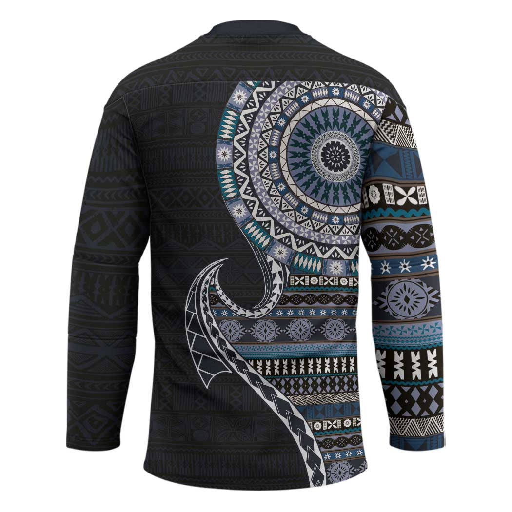 Fijian Masi Tribal Tattoos Art Pattern Hockey Jersey Navy Color Half Style - Polynesian Pride