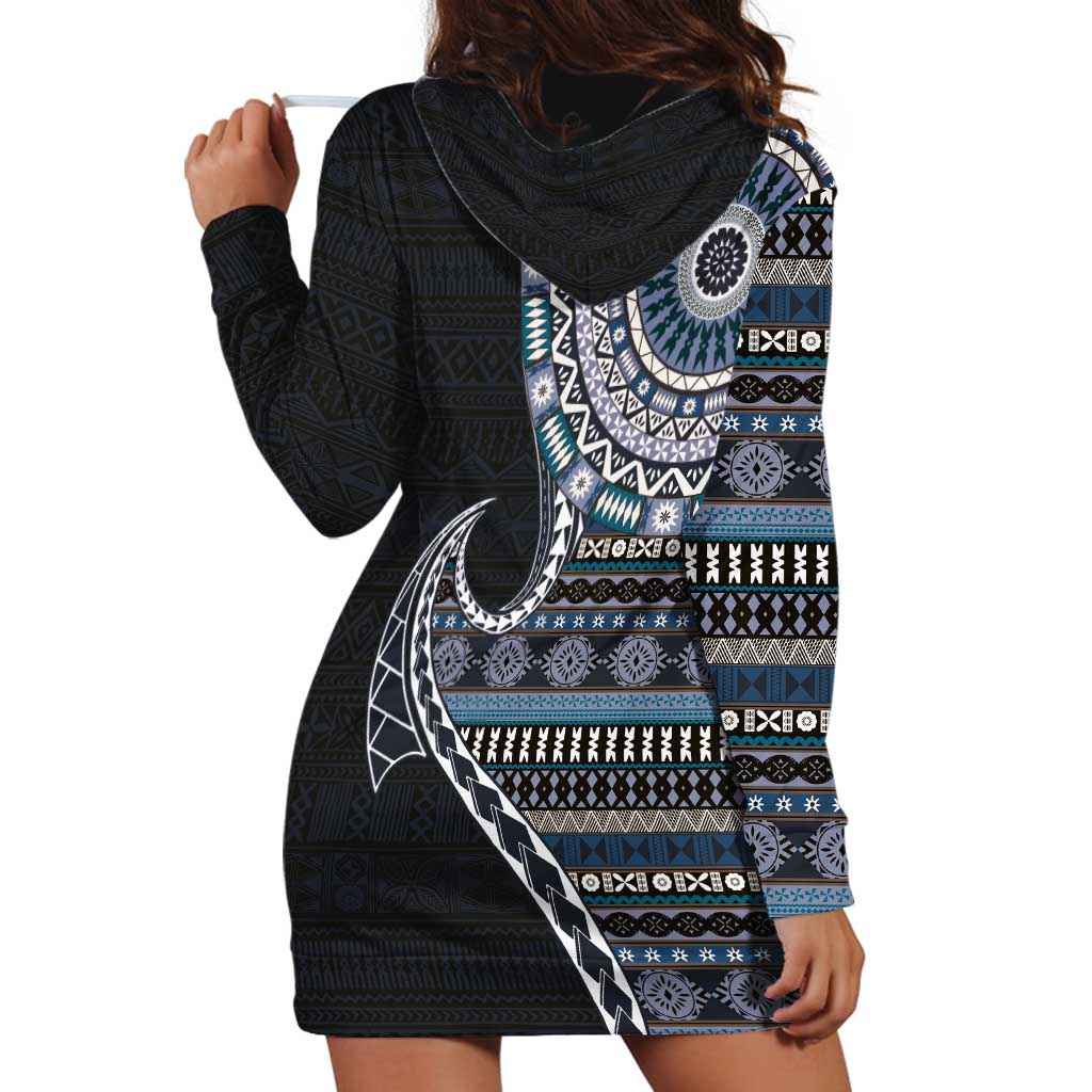 Fijian Masi Tribal Tattoos Art Pattern Hoodie Dress Navy Color Half Style - Polynesian Pride