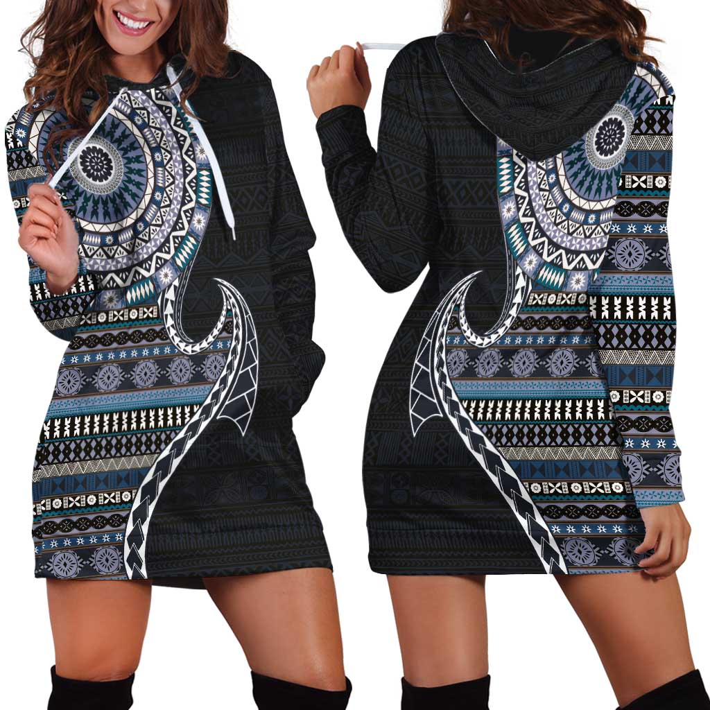 Fijian Masi Tribal Tattoos Art Pattern Hoodie Dress Navy Color Half Style - Polynesian Pride