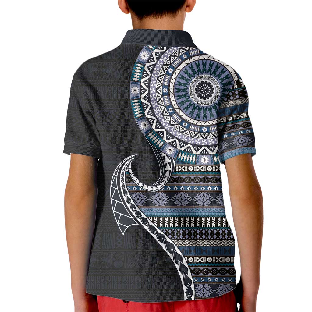 Fijian Masi Tribal Tattoos Art Pattern Kid Polo Shirt Navy Color Half Style - Polynesian Pride