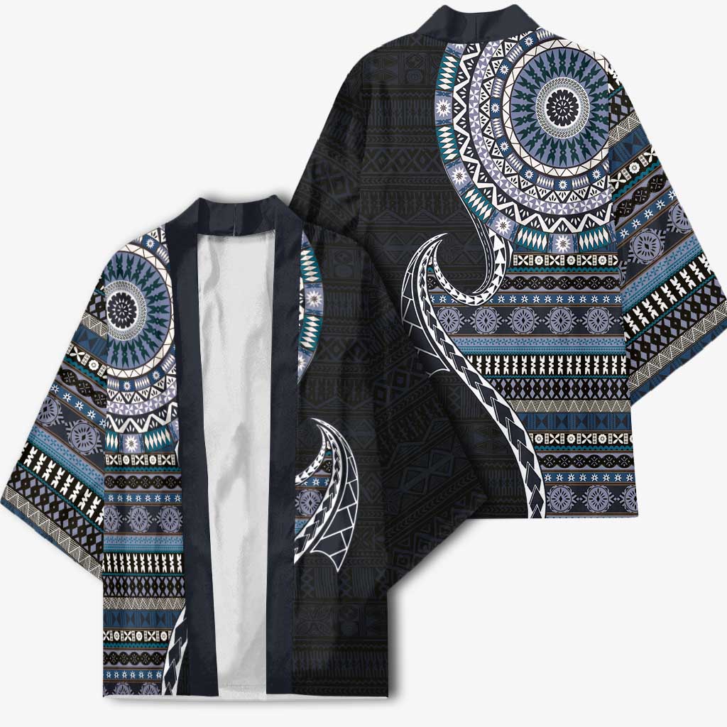 Fijian Masi Tribal Tattoos Art Pattern Kimono Navy Color Half Style - Polynesian Pride