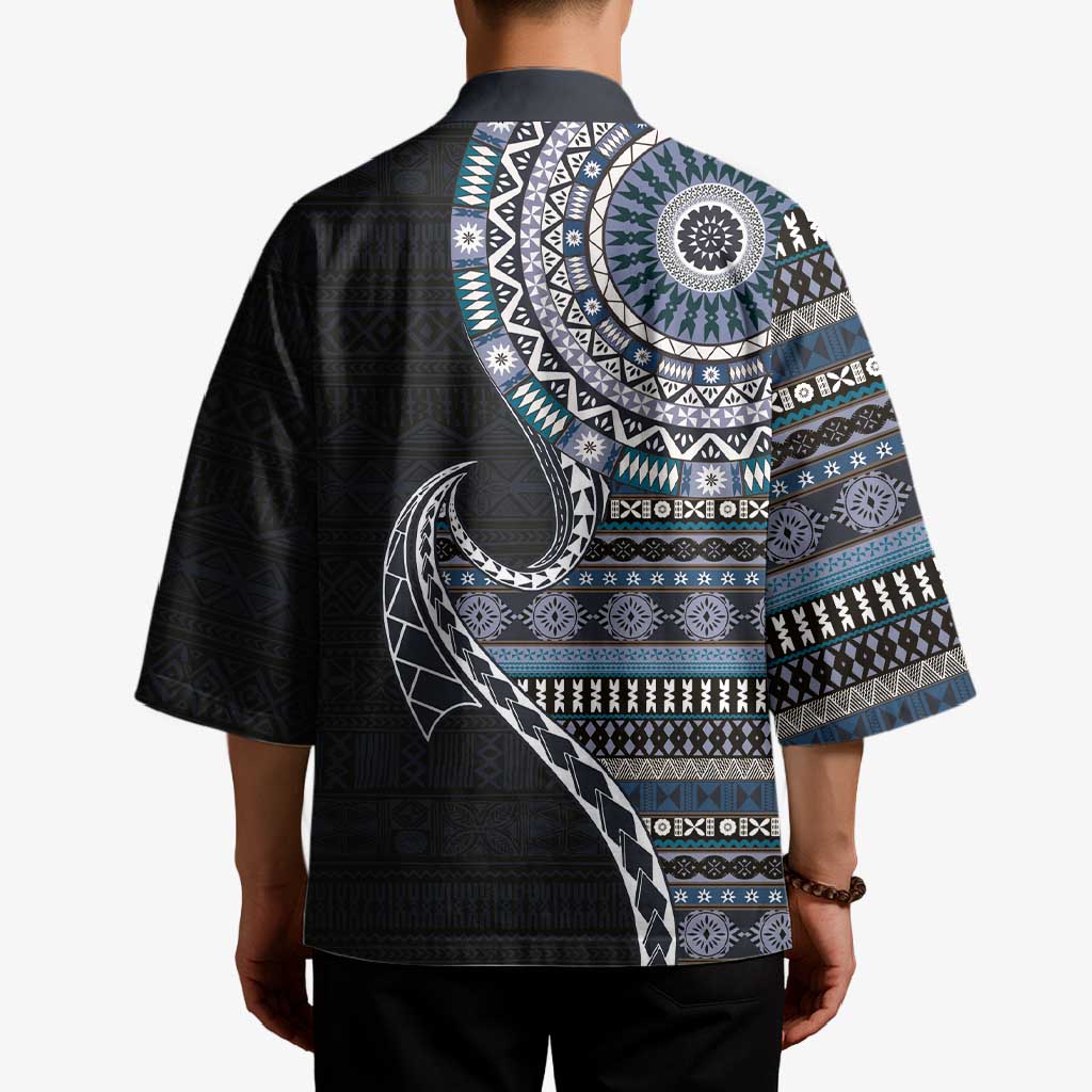 Fijian Masi Tribal Tattoos Art Pattern Kimono Navy Color Half Style - Polynesian Pride