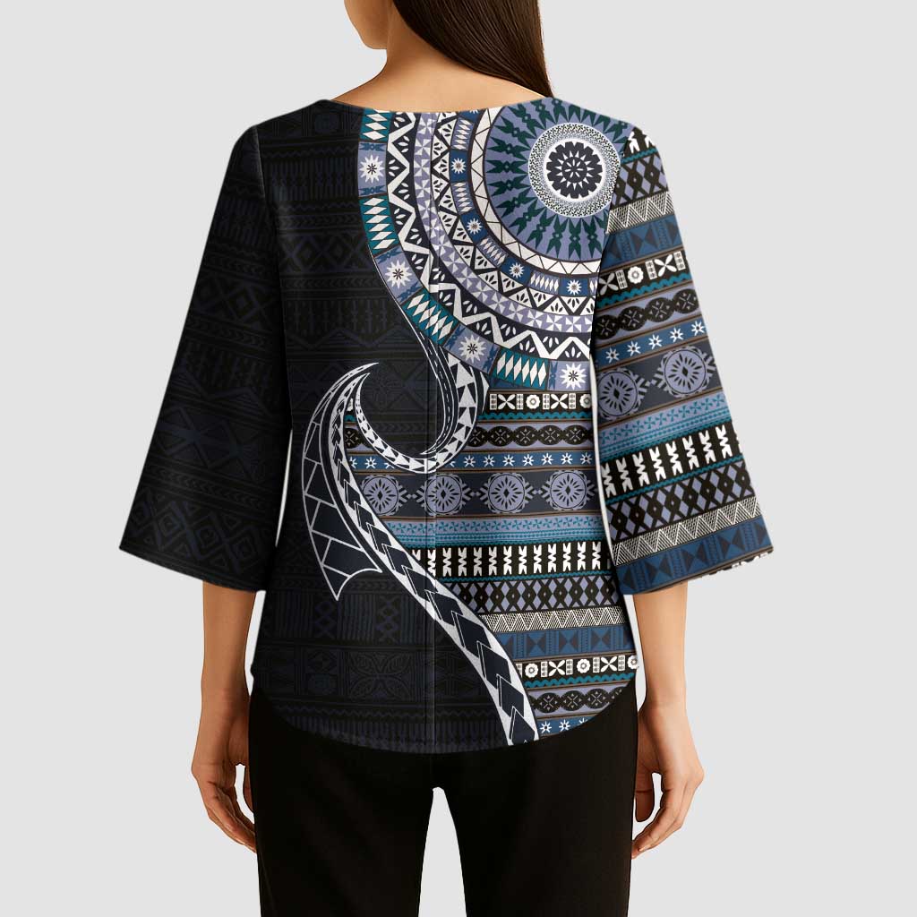 Fijian Masi Tribal Tattoos Art Pattern Kimono Sleeve Blouse Navy Color Half Style - Polynesian Pride