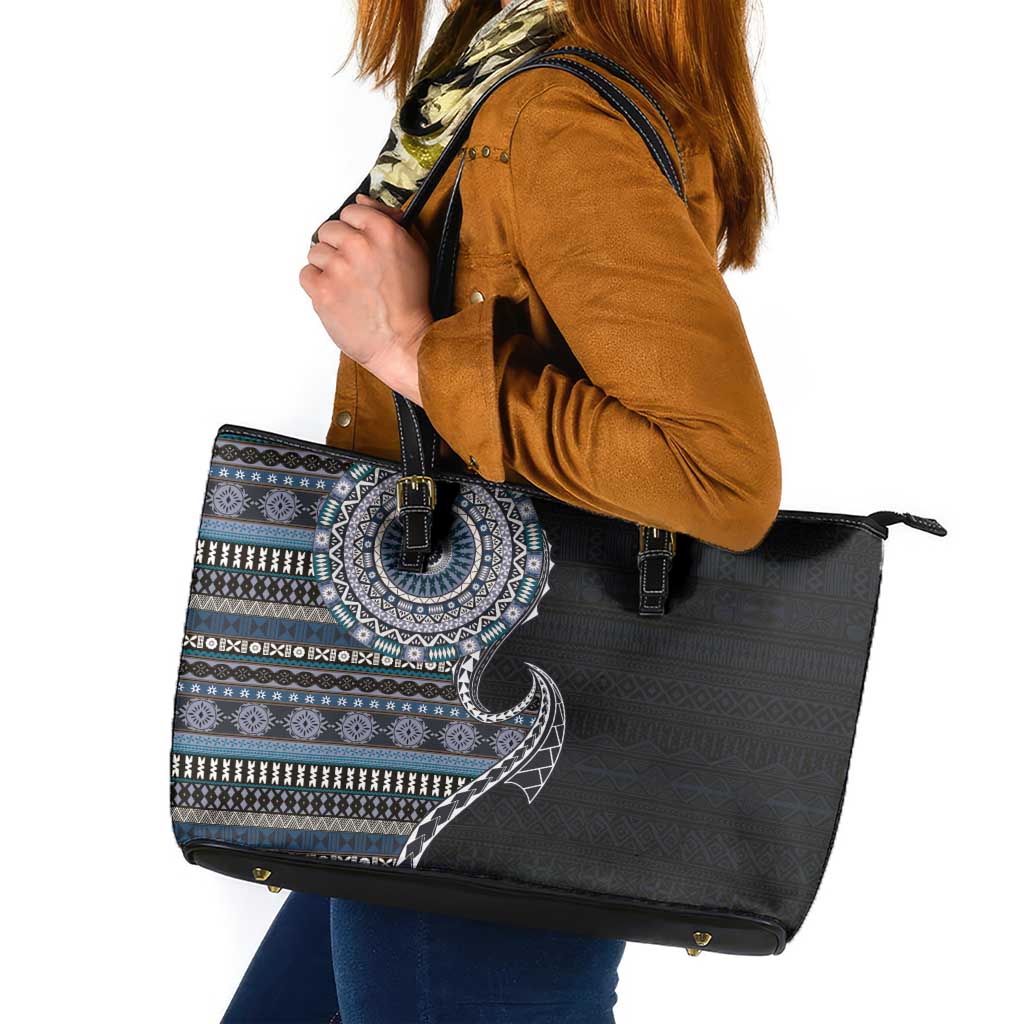 Fijian Masi Tribal Tattoos Art Pattern Leather Tote Bag Navy Color Half Style - Polynesian Pride