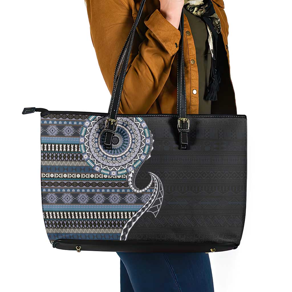 Fijian Masi Tribal Tattoos Art Pattern Leather Tote Bag Navy Color Half Style - Polynesian Pride