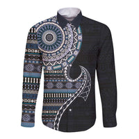 Fijian Masi Tribal Tattoos Art Pattern Long Sleeve Button Shirt Navy Color Half Style - Polynesian Pride