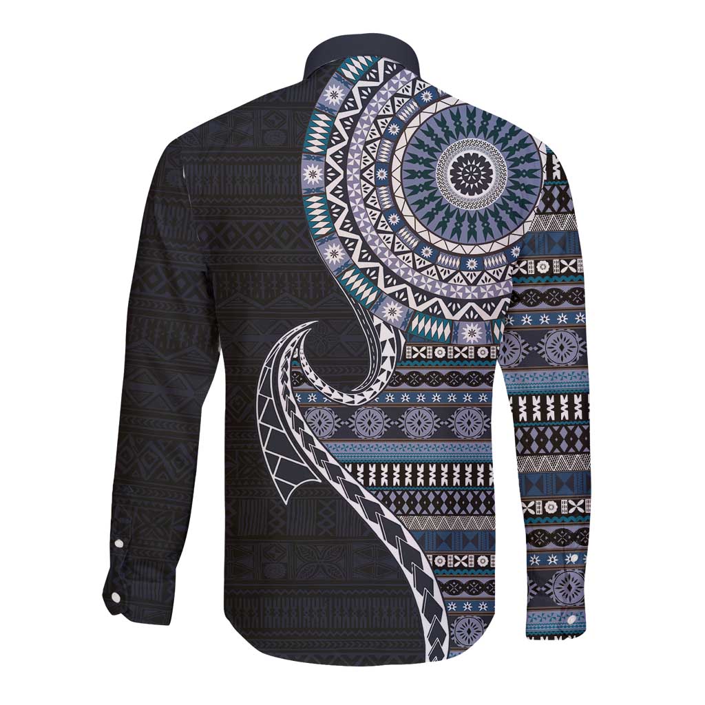 Fijian Masi Tribal Tattoos Art Pattern Long Sleeve Button Shirt Navy Color Half Style - Polynesian Pride