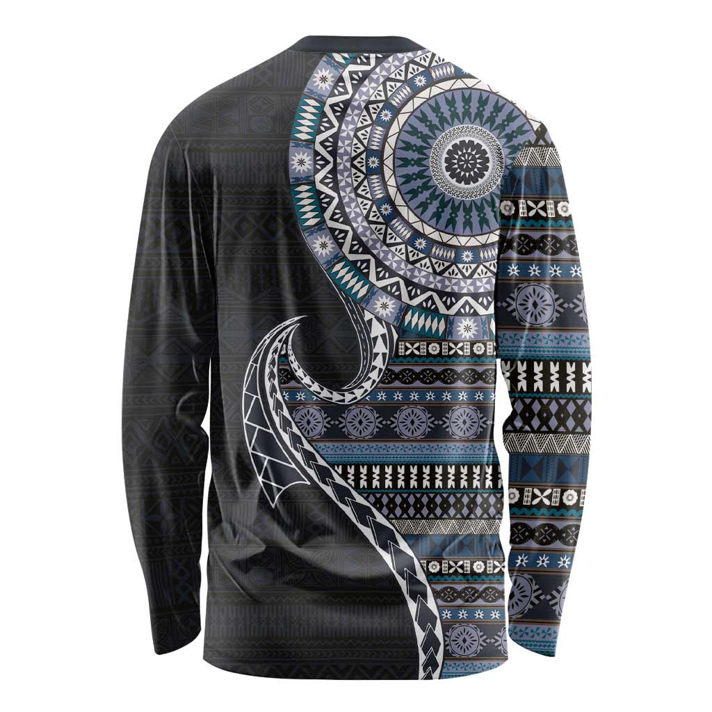 Fijian Masi Tribal Tattoos Art Pattern Long Sleeve Shirt Navy Color Half Style - Polynesian Pride