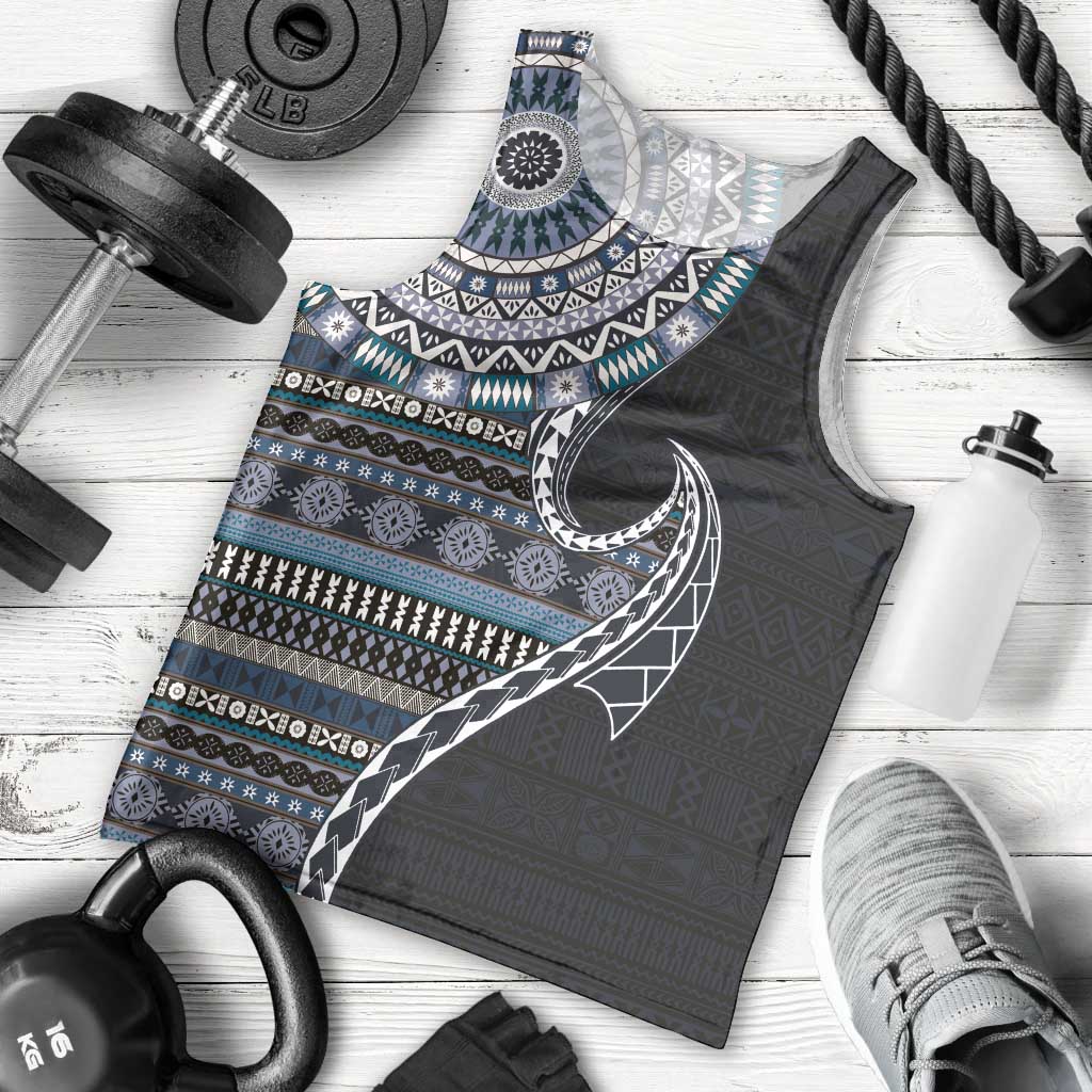 Fijian Masi Tribal Tattoos Art Pattern Men Tank Top Navy Color Half Style - Polynesian Pride