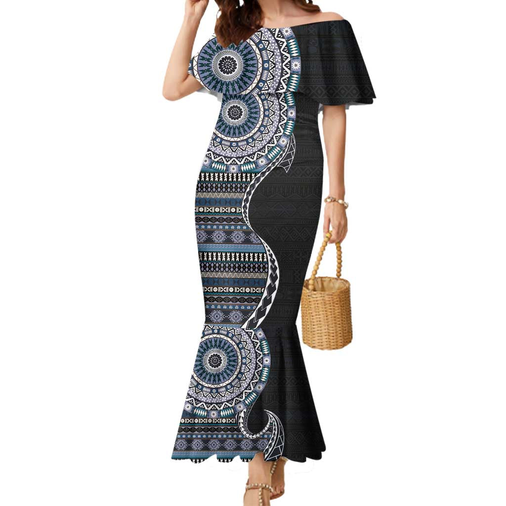 Fijian Masi Tribal Tattoos Art Pattern Mermaid Dress Navy Color Half Style - Polynesian Pride