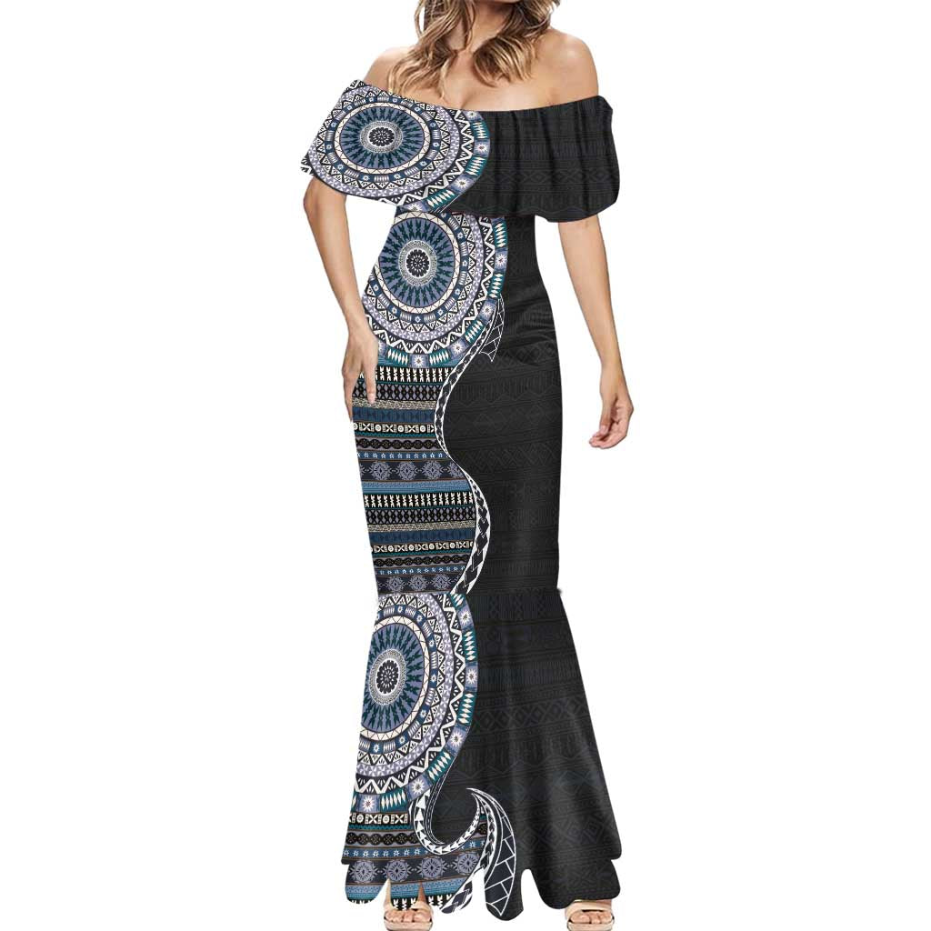 Fijian Masi Tribal Tattoos Art Pattern Mermaid Dress Navy Color Half Style - Polynesian Pride