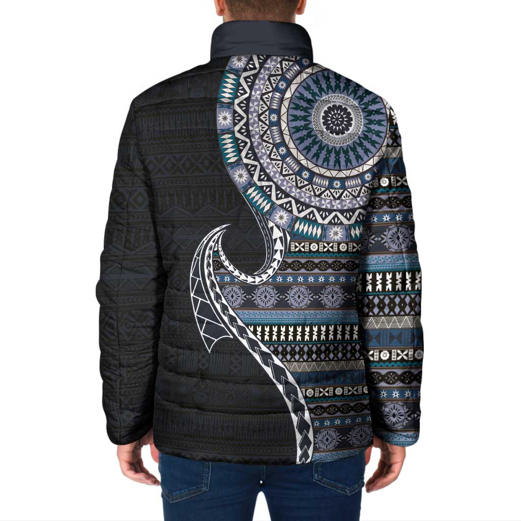 Fijian Masi Tribal Tattoos Art Pattern Padded Jacket Navy Color Half Style - Polynesian Pride