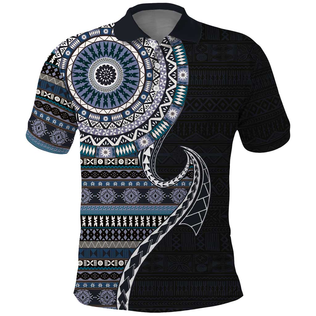 Fijian Masi Tribal Tattoos Art Pattern Polo Shirt Navy Color Half Style - Polynesian Pride