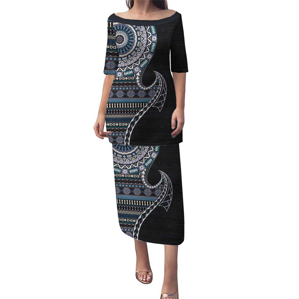 Fijian Masi Tribal Tattoos Art Pattern Puletasi Navy Color Half Style - Polynesian Pride