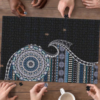 Fijian Masi Tribal Tattoos Art Pattern Puzzle Navy Color Half Style - Polynesian Pride