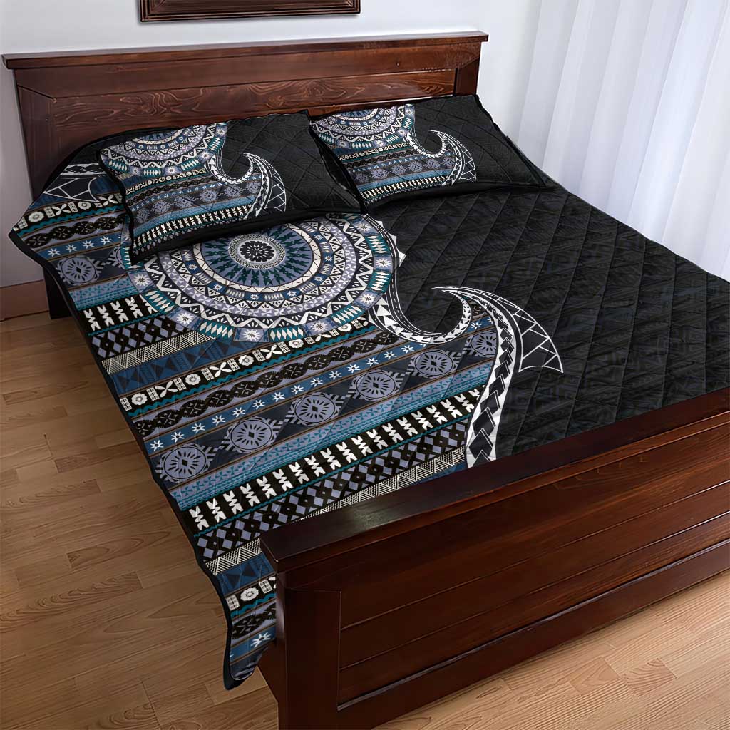 Fijian Masi Tribal Tattoos Art Pattern Quilt Bed Set Navy Color Half Style - Polynesian Pride