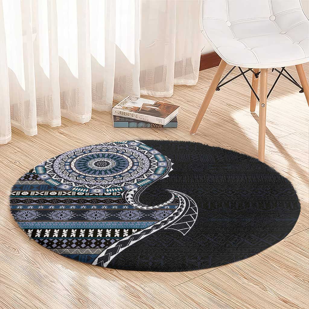 Fijian Masi Tribal Tattoos Art Pattern Round Carpet Navy Color Half Style - Polynesian Pride