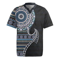 Fijian Masi Tribal Tattoos Art Pattern Rugby Jersey Navy Color Half Style - Polynesian Pride