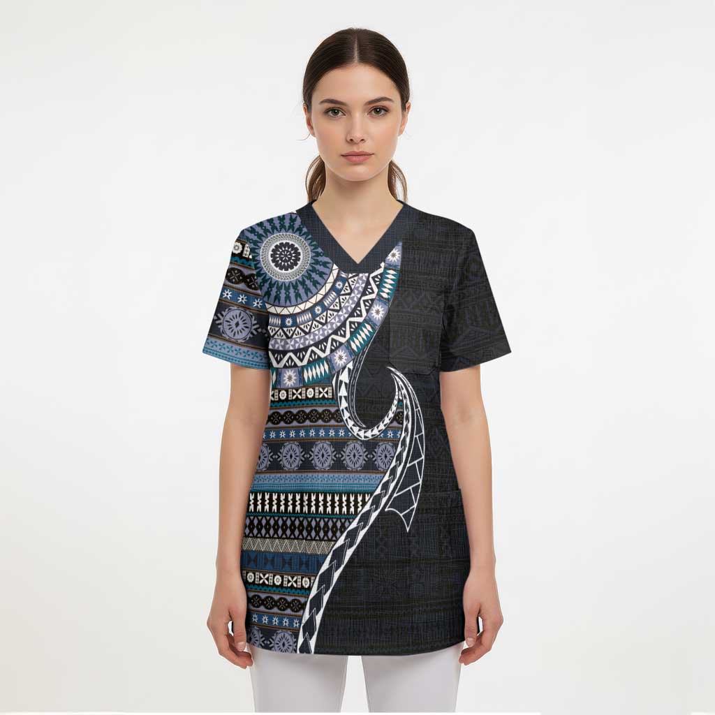 Fijian Masi Tribal Tattoos Art Pattern Scrub Top Navy Color Half Style - Polynesian Pride