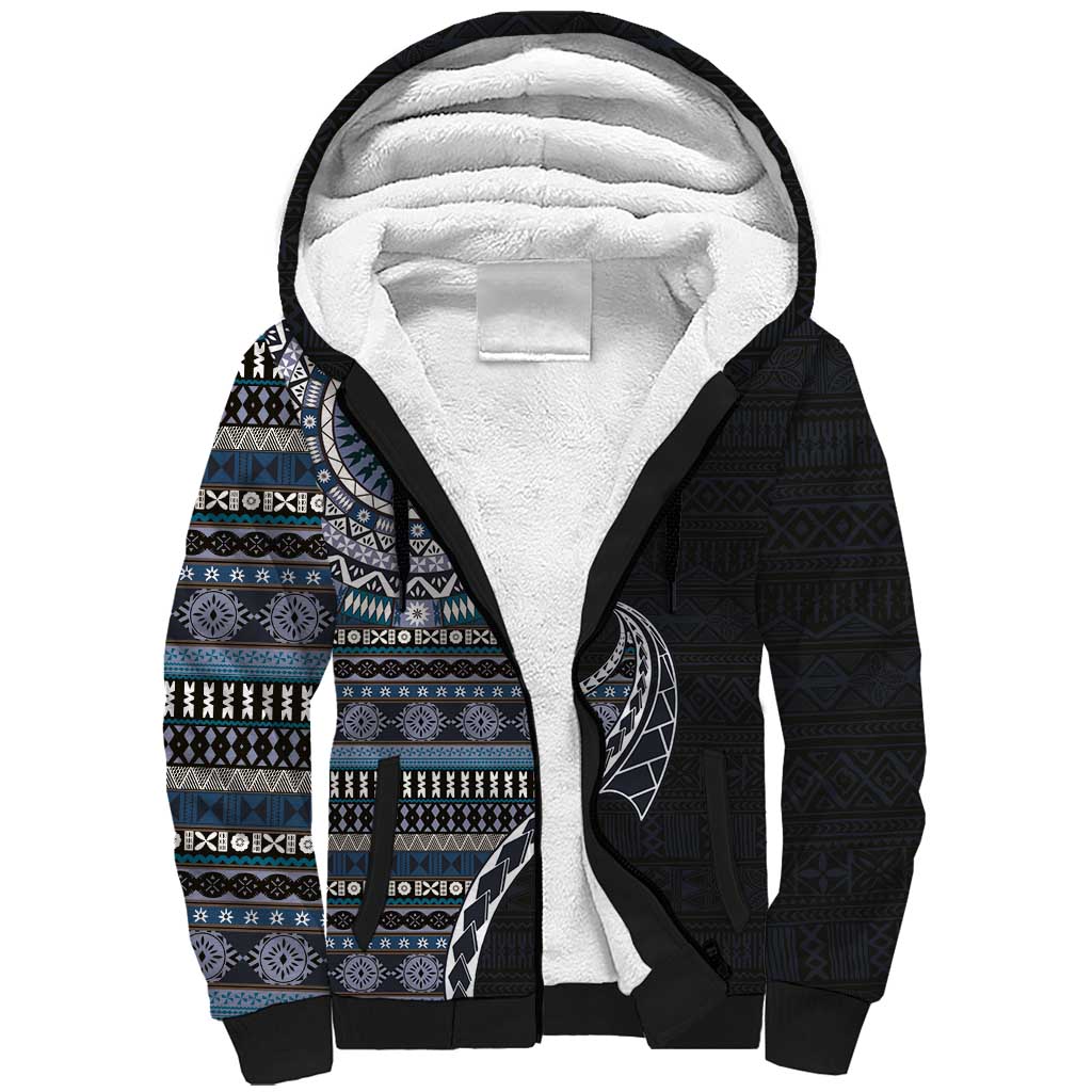 Fijian Masi Tribal Tattoos Art Pattern Sherpa Hoodie Navy Color Half Style LT03 Unisex Navy - Polynesian Pride