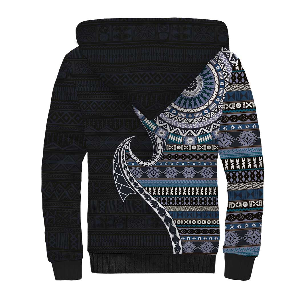 Fijian Masi Tribal Tattoos Art Pattern Sherpa Hoodie Navy Color Half Style LT03 - Polynesian Pride