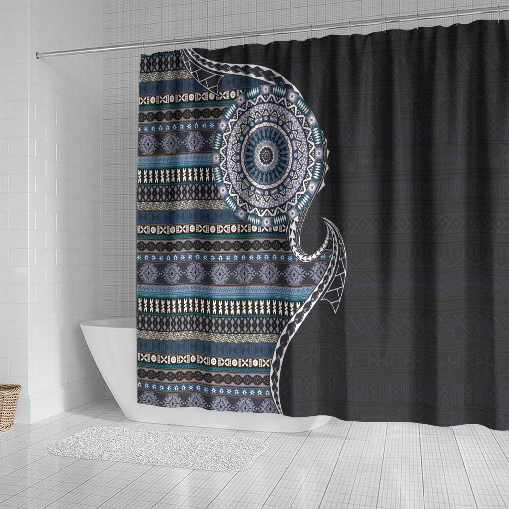 Fijian Masi Tribal Tattoos Art Pattern Shower Curtain Navy Color Half Style - Polynesian Pride