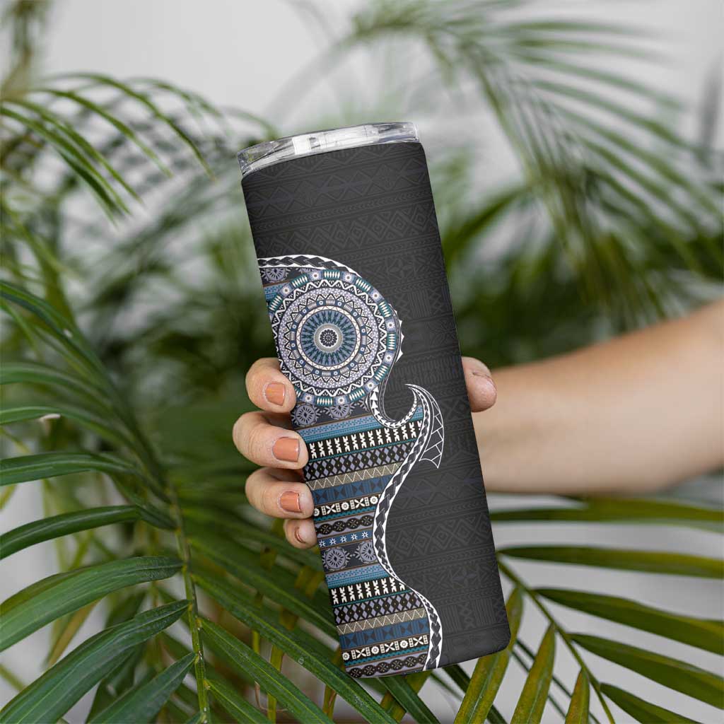 Fijian Masi Tribal Tattoos Art Pattern Skinny Tumbler Navy Color Half Style - Polynesian Pride