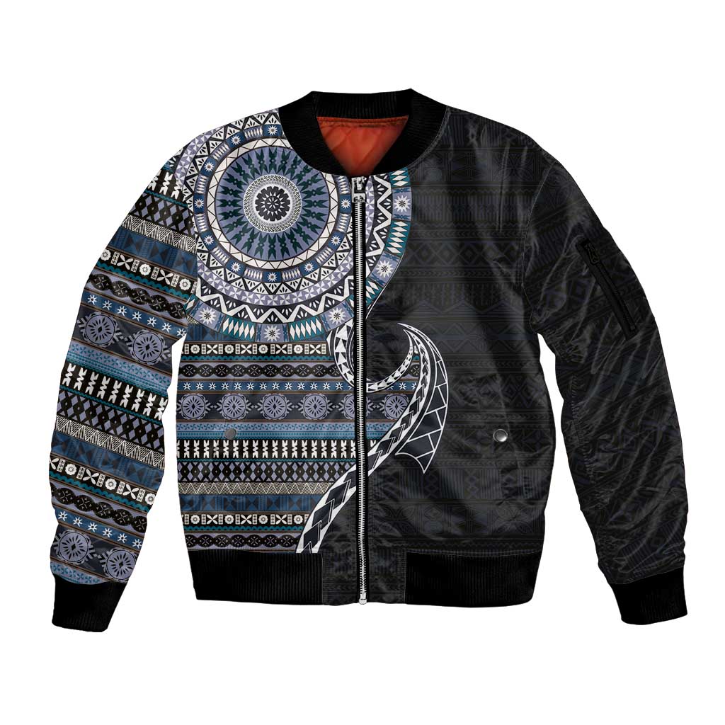 Fijian Masi Tribal Tattoos Art Pattern Sleeve Zip Bomber Jacket Navy Color Half Style - Polynesian Pride