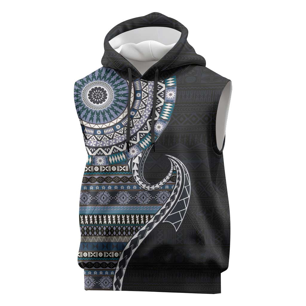 Fijian Masi Tribal Tattoos Art Pattern Sleeveless Hoodie Navy Color Half Style - Polynesian Pride