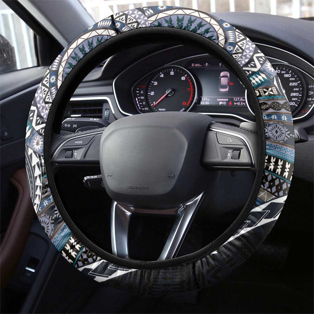 Fijian Masi Tribal Tattoos Art Pattern Steering Wheel Cover Navy Color Half Style - Polynesian Pride