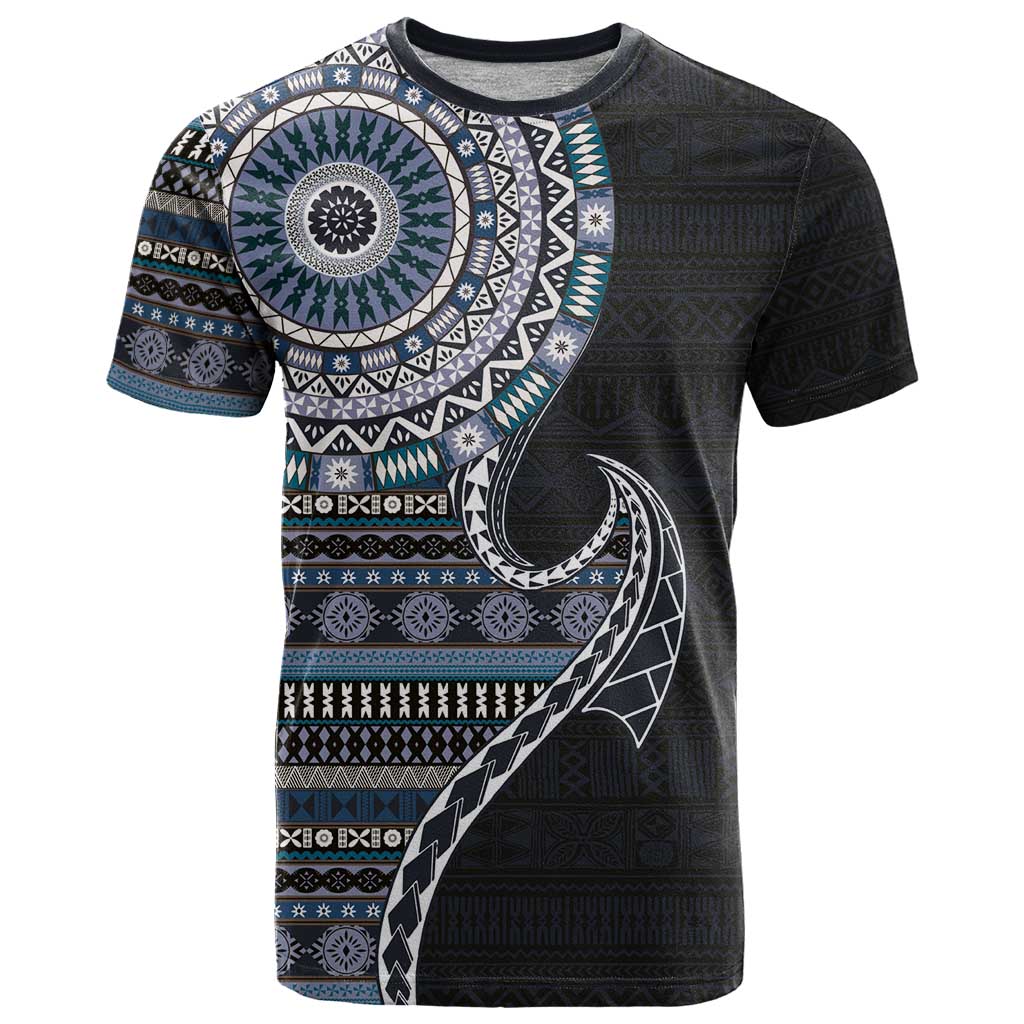 Fijian Masi Tribal Tattoos Art Pattern T Shirt Navy Color Half Style - Polynesian Pride