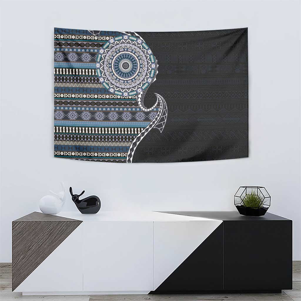 Fijian Masi Tribal Tattoos Art Pattern Tapestry Navy Color Half Style - Polynesian Pride