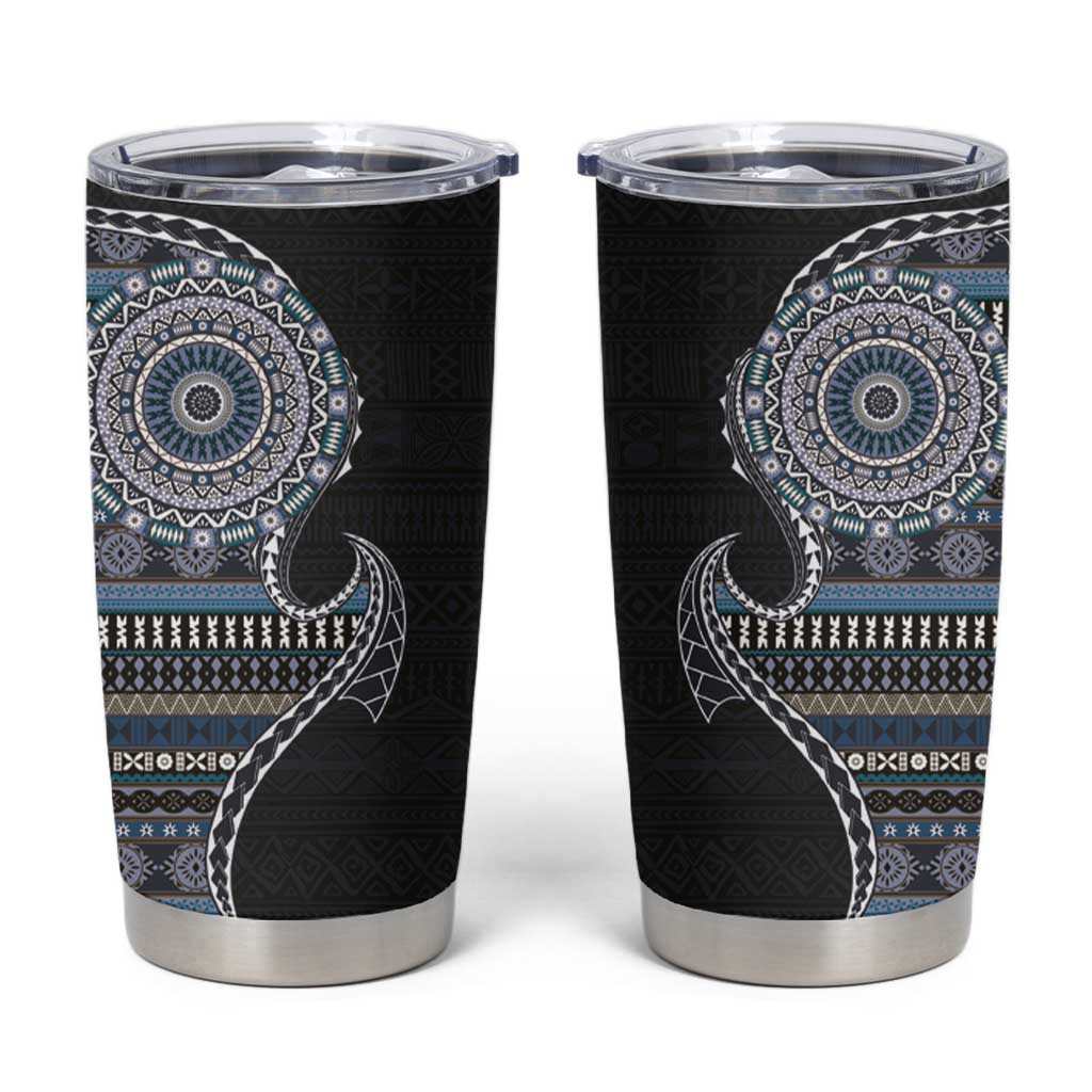Fijian Masi Tribal Tattoos Art Pattern Tumbler Cup Navy Color Half Style - Polynesian Pride