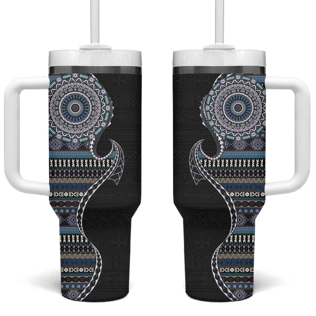 Fijian Masi Tribal Tattoos Art Pattern Tumbler With Handle Navy Color Half Style LT03 One Size: 40 oz Navy - Polynesian Pride