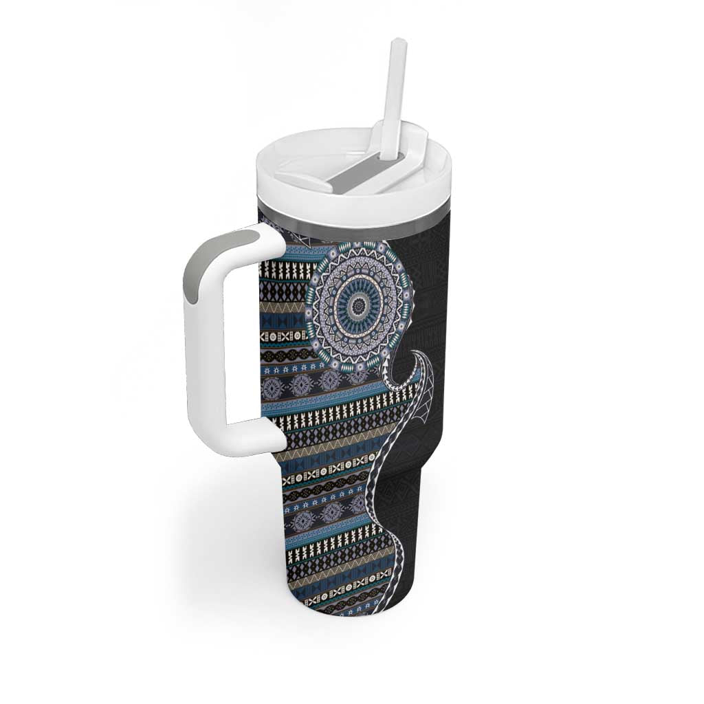 Fijian Masi Tribal Tattoos Art Pattern Tumbler With Handle Navy Color Half Style LT03 - Polynesian Pride