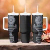 Fijian Masi Tribal Tattoos Art Pattern Tumbler With Handle Navy Color Half Style LT03 - Polynesian Pride