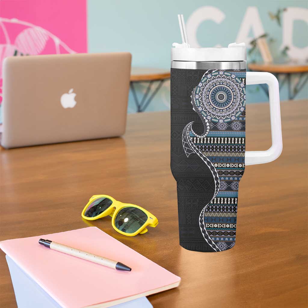 Fijian Masi Tribal Tattoos Art Pattern Tumbler With Handle Navy Color Half Style LT03 - Polynesian Pride