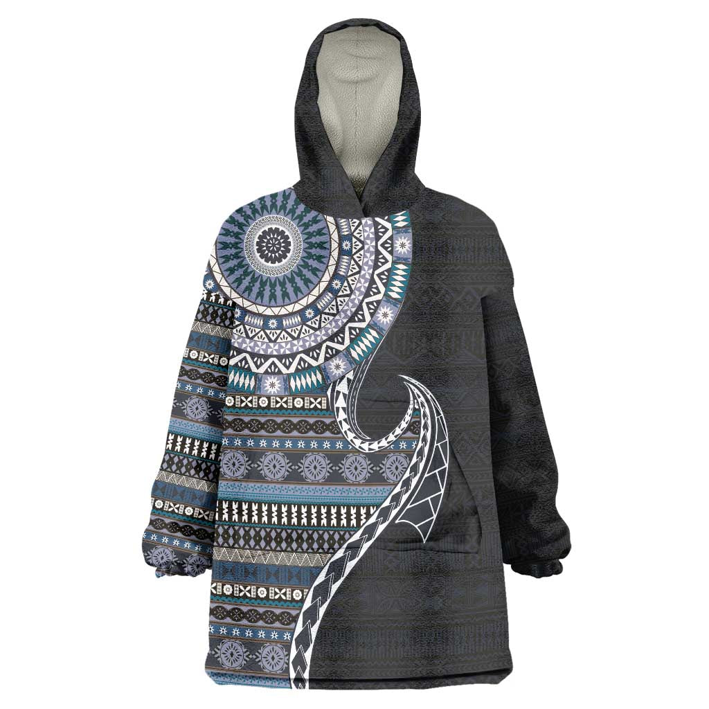 Fijian Masi Tribal Tattoos Art Pattern Wearable Blanket Hoodie Navy Color Half Style - Polynesian Pride
