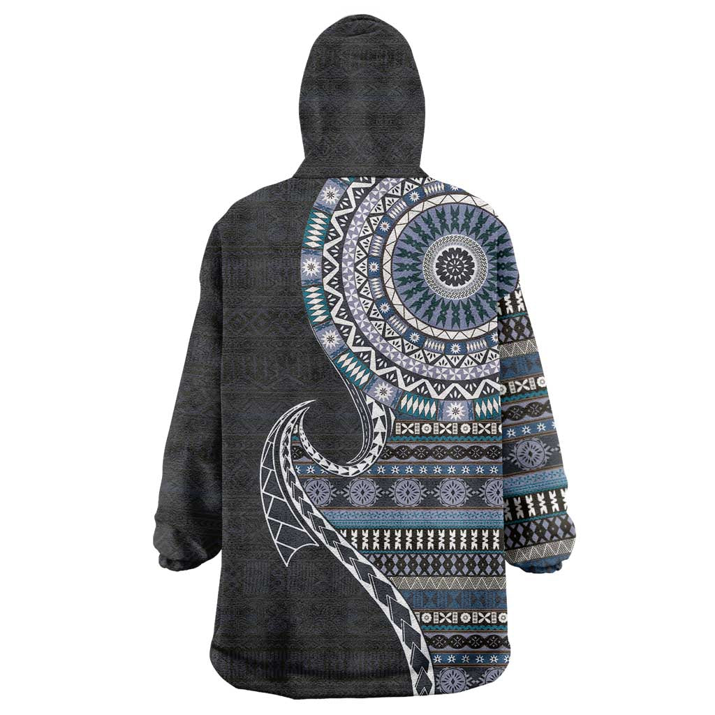 Fijian Masi Tribal Tattoos Art Pattern Wearable Blanket Hoodie Navy Color Half Style - Polynesian Pride