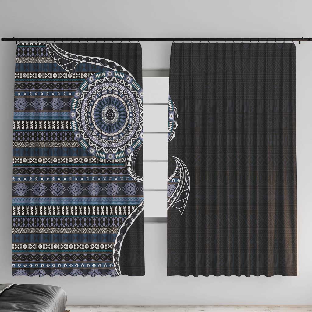 Fijian Masi Tribal Tattoos Art Pattern Window Curtain Navy Color Half Style LT03 With Hooks Navy - Polynesian Pride