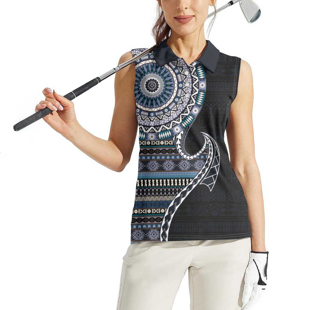 Fijian Masi Tribal Tattoos Art Pattern Women Sleeveless Polo Shirt Navy Color Half Style - Polynesian Pride