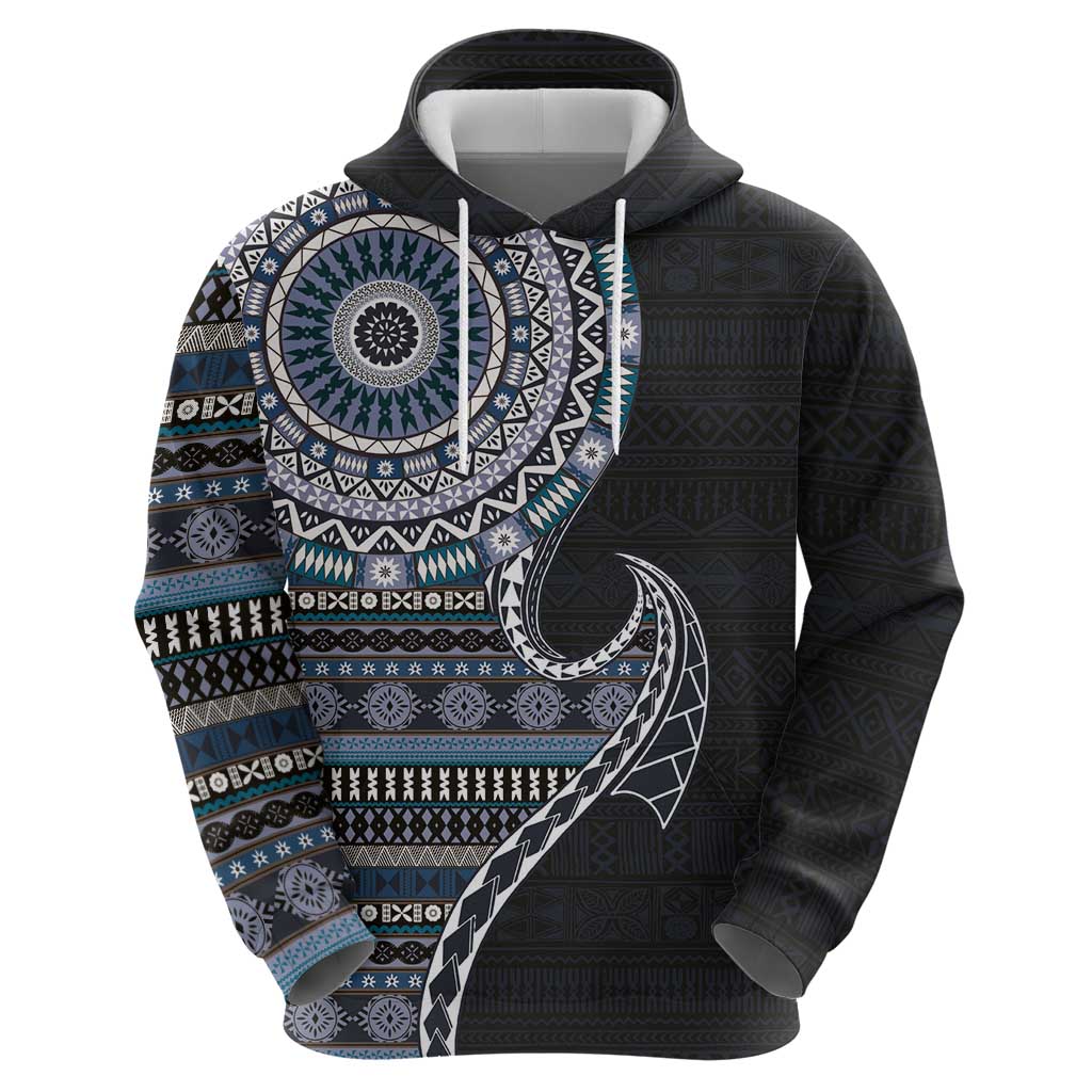 Fijian Masi Tribal Tattoos Art Pattern Zip Hoodie Navy Color Half Style - Polynesian Pride