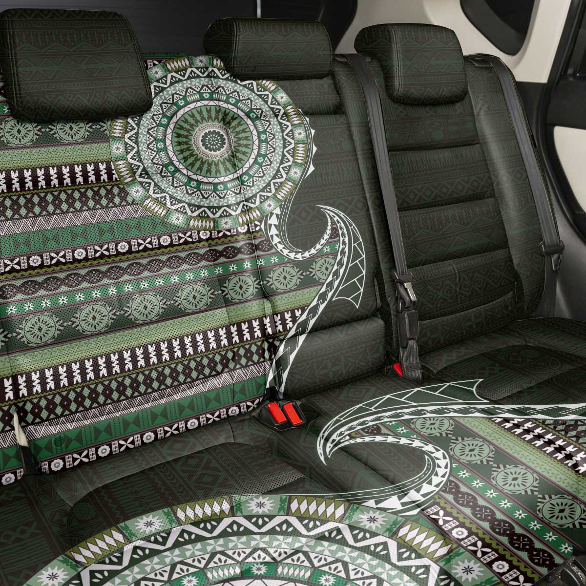 Fijian Masi Tribal Tattoos Art Pattern Back Car Seat Cover Green Color Half Style - Polynesian Pride