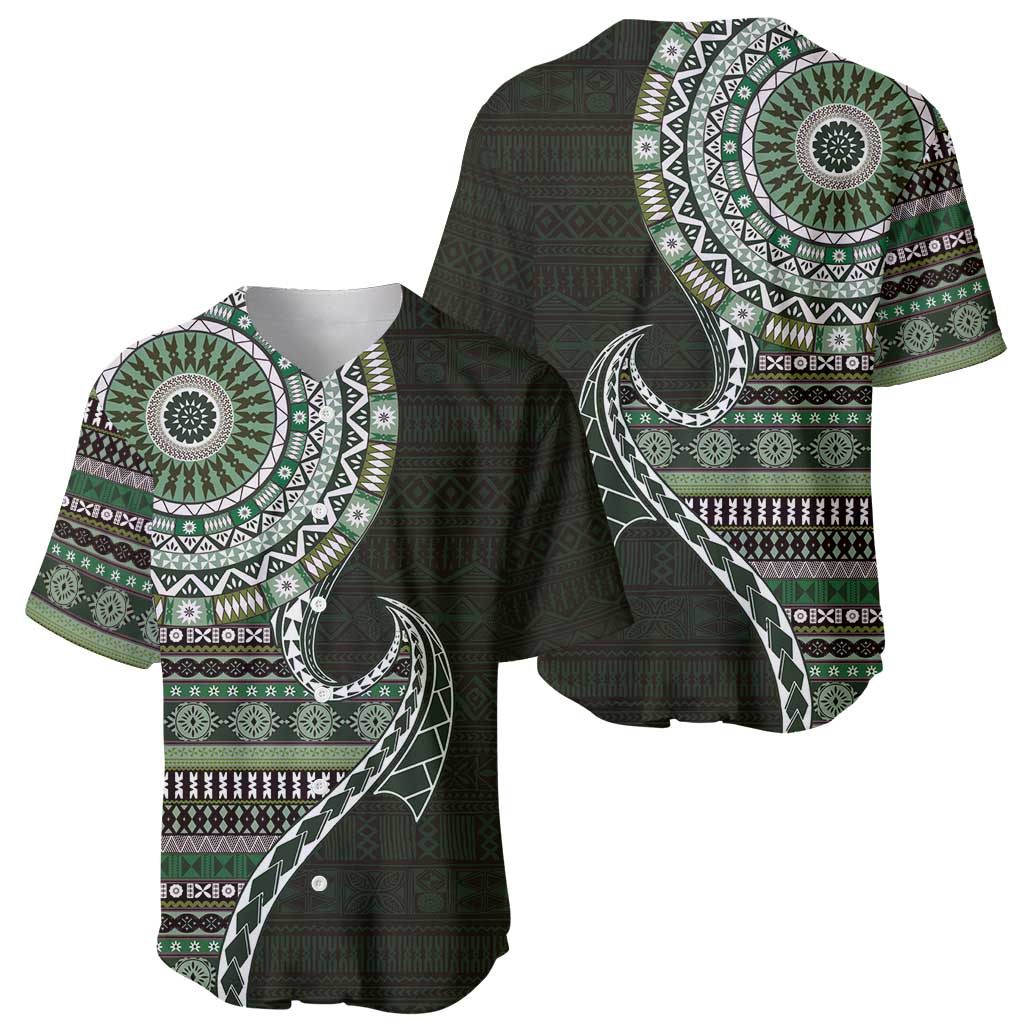 Fijian Masi Tribal Tattoos Art Pattern Baseball Jersey Green Color Half Style - Polynesian Pride